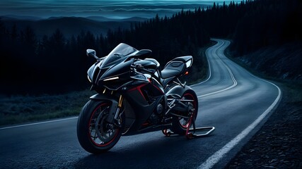 A motorcycle is parked on a road with a dark background.