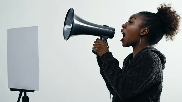 Woman yelling into a megaphone while holding a blank sign for protest message