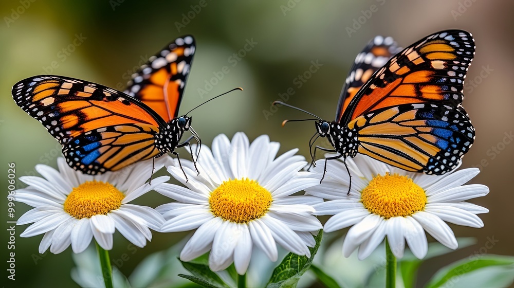 Sticker Two Monarch Butterflies Perched on Daisies in a Garden, Displaying their Vibrant Colors and Delicate Patterns