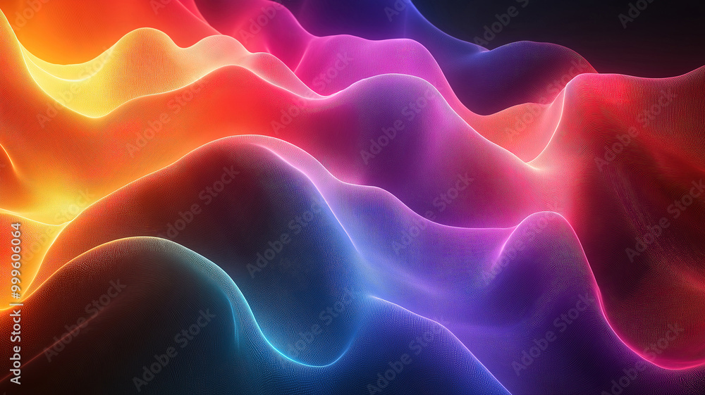 Poster abstract colorful glowing wavy perspective background with fractals and curves
