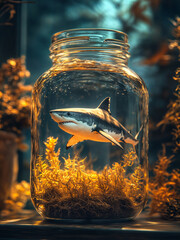 Tiny shark swimming in a glass jar