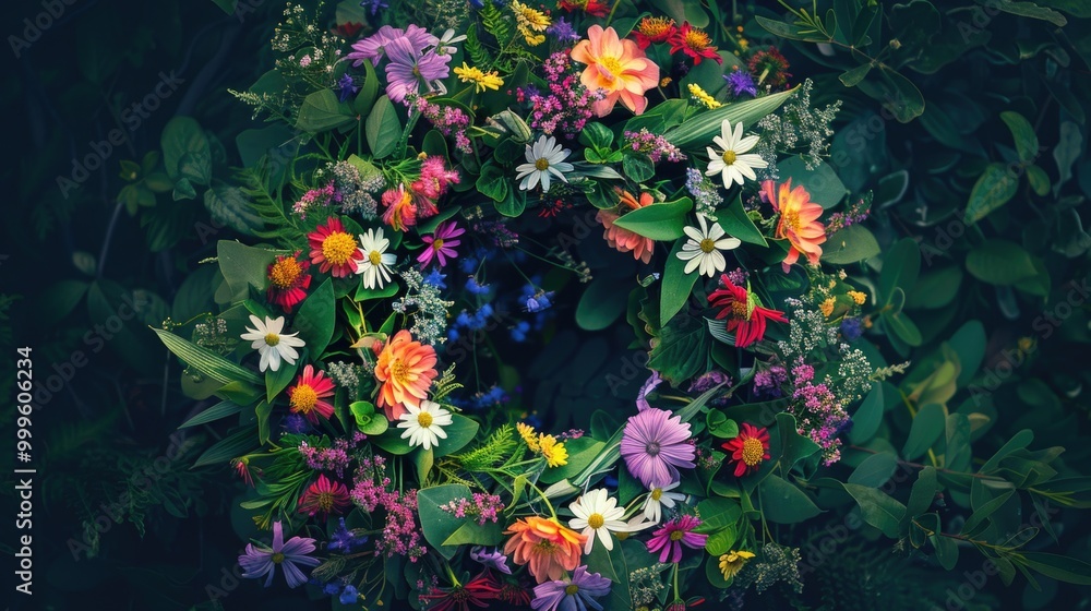 Poster a colorful flower wreath set against a dark background, perfect for adding a pop of color to any des