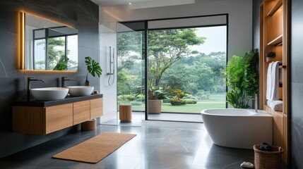 Modern bathroom design with natural light and greenery