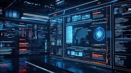 Obraz premium A digital representation of AI algorithms actively defending a system against hackers, with dynamic firewalls and security protocols displayed on multiple screens, showcasing advanced cybersecurity