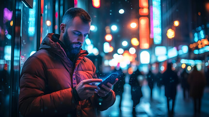 Man using smartphone standing on the night city street full of neon light, Male holding mobile phone, posting social media, online shopping, texting, generative ai