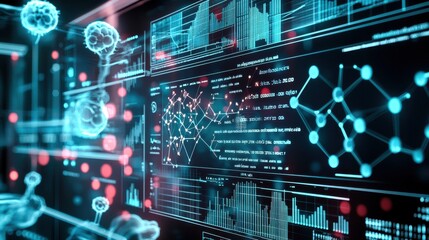 A laboratory scene where AI algorithms accelerate drug development, featuring digital models of molecules and complex data visualizations on screens, illustrating the fusion of technology and science