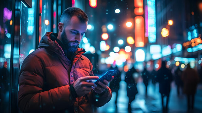 Man using smartphone standing on the night city street full of neon light, Male holding mobile phone, posting social media, online shopping, texting, generative ai
