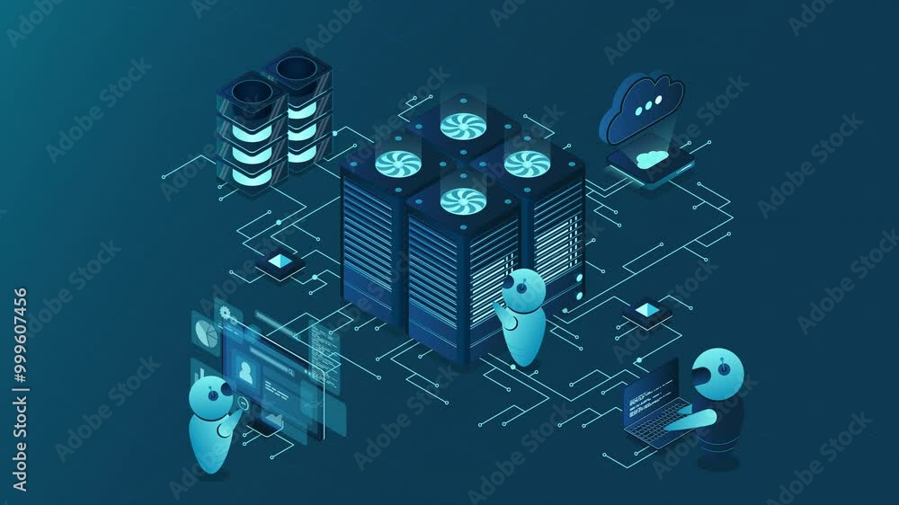 Poster data center and web hosting isometric concept animation. cloud computing storage. isometric server r