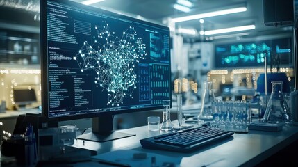 A laboratory scene where AI algorithms accelerate drug development, featuring digital models of molecules and complex data visualizations on screens, illustrating the fusion of technology and science
