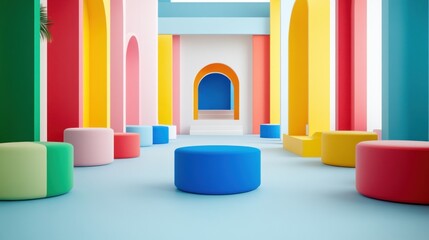 Vibrant abstract hall, colorful round seating, pastel arches, playful environment, modern interior design, artistic space.