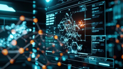 A laboratory scene where AI algorithms accelerate drug development, featuring digital models of molecules and complex data visualizations on screens, illustrating the fusion of technology and science