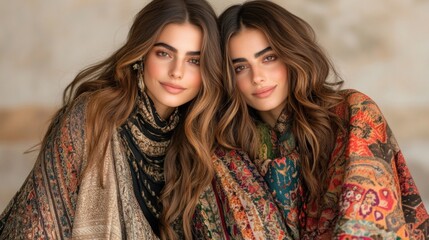 Fototapeta premium Twin Harmony Warmth, sisters embrace wrapped in colorful shawls, soft smiles, long wavy hair, cozy togetherness.