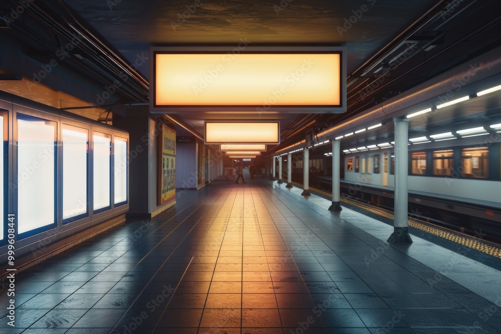 Poster a busy subway station with a train moving through the platform
