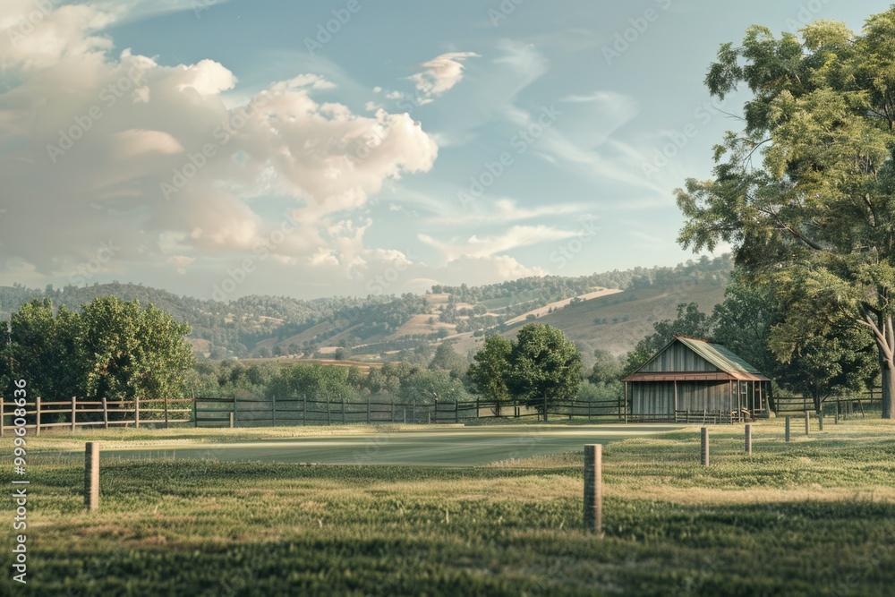 Poster a rural scene with a house visible in the distance, surrounded by a fence and open fields
