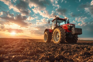 Fototapeta premium Farmer's equipment in a rural landscape during golden hour