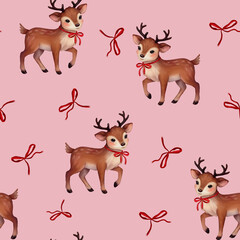 Seamless Christmas pattern featuring Rudolph reindeer, Santa Claus, Christmas tree, festive gifts, watercolor holiday design, perfect for Christmas wrapping paper, home decor, fabric, and textiles