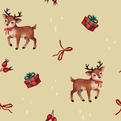 Seamless Christmas pattern featuring Rudolph reindeer, Santa Claus, Christmas tree, festive gifts, watercolor holiday design, perfect for Christmas wrapping paper, home decor, fabric, and textiles