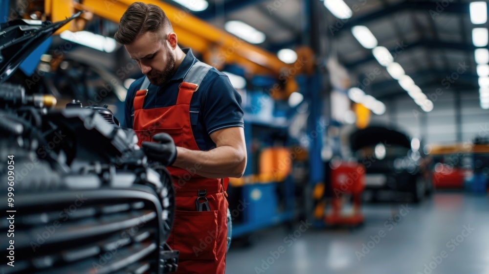 Poster mechanic working on engine in workshop