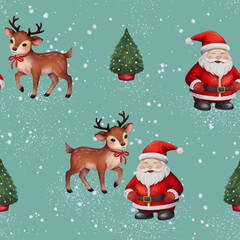 Seamless Christmas pattern featuring Rudolph reindeer, Santa Claus, Christmas tree, festive gifts, watercolor holiday design, perfect for Christmas wrapping paper, home decor, fabric, and textiles
