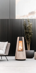 Elegant outdoor space featuring a modern fire pit surrounded by stylish seating and greenery on a calm evening