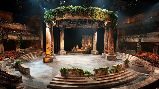 Ancient amphitheater set lush greenery dramatic lighting circular stage grand atmosphere classical design vibrant ambiance