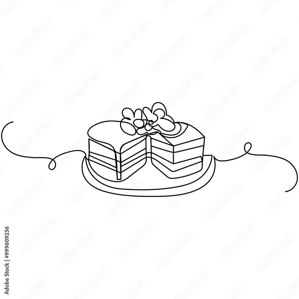 Poster cake single line art, continuous one line drawing of isolated outline vector icon