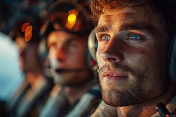 Obraz premium Focused copilot is inside the cockpit of a helicopter, preparing for take off