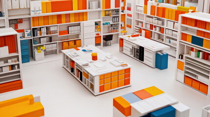 Obraz premium Modern office interior, vibrant orange accents, organized shelves, minimalistic design, collaborative workspace, bright atmosphere