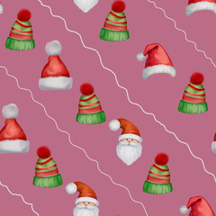 Seamless Christmas Pattern with Santa Hats, New Year Hats, Watercolor Winter Holiday Design, Festive Santa Claus Hats Illustration, Christmas Seamless Background Fabric, Wrapping Paper, Holiday Decor
