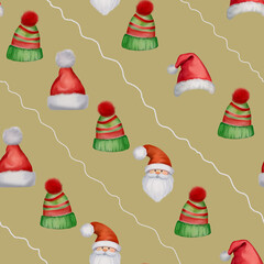 Seamless Christmas Pattern with Santa Hats, New Year Hats, Watercolor Winter Holiday Design, Festive Santa Claus Hats Illustration, Christmas Seamless Background Fabric, Wrapping Paper, Holiday Decor