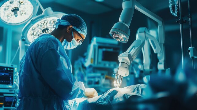 A surgeon collaborates with an AI-controlled robotic arm in a sterile surgical environment, performing a precise operation, showcasing the integration of advanced technology in modern medicine