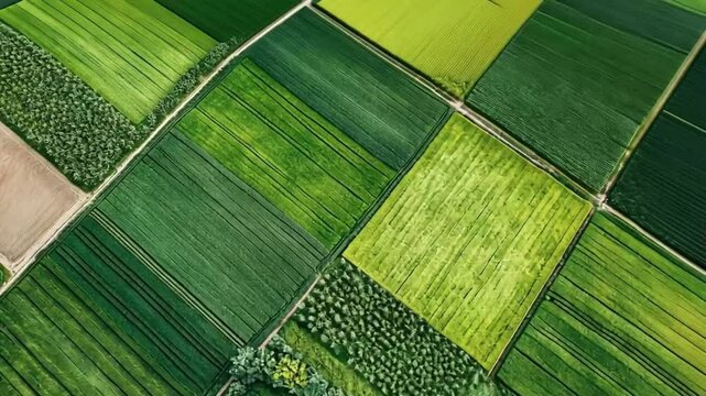 Aerial view of lush green agricultural fields, showcasing various patterns and textures of crops and vegetation.