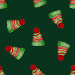 Seamless Christmas Pattern with Santa Hats, New Year Hats, Watercolor Winter Holiday Design, Festive Santa Claus Hats Illustration, Christmas Seamless Background Fabric, Wrapping Paper, Holiday Decor