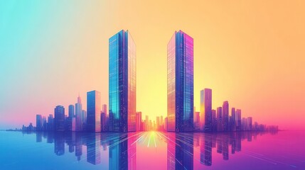 Fototapeta premium Illustrate a sleek, modern cityscape with two skyscrapers symbolizing a partnership, using vibrant colors and digital techniques