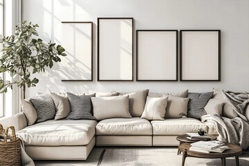 Mockup Frame Display in a Cozy and Minimalist Living Room Interior, Featuring Soft Textures and Warm Accents – Detailed 3D Render