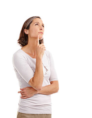 Senior woman, thinking and planning with idea, problem solving and confident on white studio...