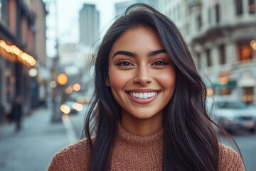 Cheerful Woman in City Streets at Dusk