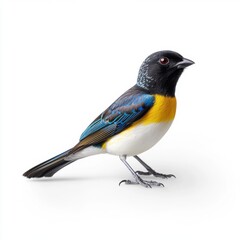 Obraz premium Vibrant Bird with Blue and Yellow Plumage on White Background