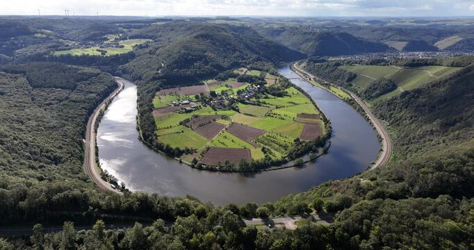 Aerial video of the river Saar at Hamm Taben Rodt, germany Eiffel region.
