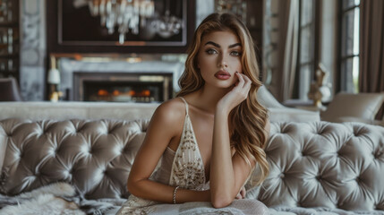 Fototapeta premium Young woman elegantly posed on an ornate sofa in a luxurious living room with elegant decor and soft lighting
