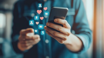 Person using a smartphone with social media icons hovering above.