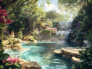 waterfall cascading into a crystal clear pool 
