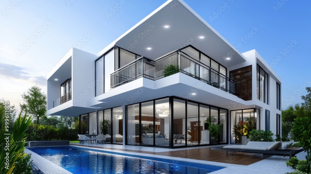 Poster modern villa with pool and open space design