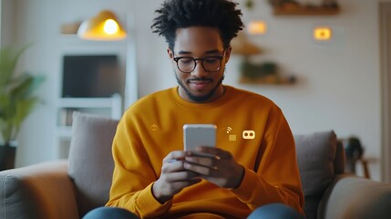 A young man in a yellow sweater sits on a couch using his phone.