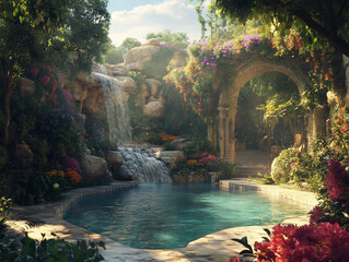 waterfall cascading into a crystal clear pool 