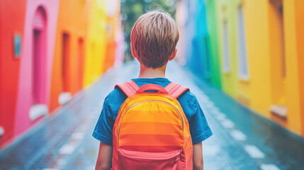 boy with backpack standing on street and looking into distance. Schoolchild on education journey, young kid walking to school, childhood learning adventure.