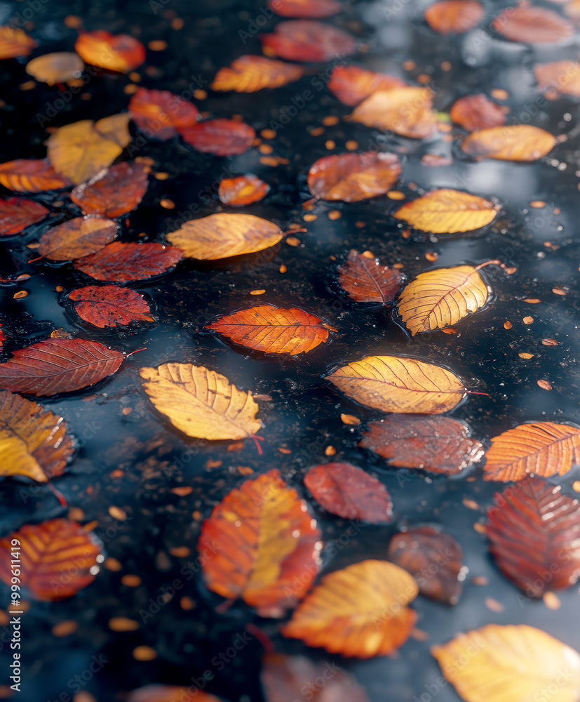 Wall mural coloured wet leaves lying on a wet road. ai generativ.