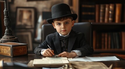 Young Romanian Boy Dressed as a Banker in a Financial Office Setting