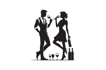 Young male and female drinking wine silhouette vector illustration