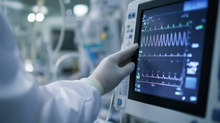 A doctor's hand is placed over a pulse oximeter in the ICU, with vital signs clearly displayed on the screen.